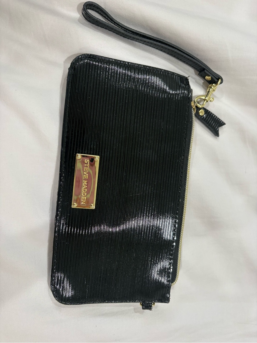 Steve Madden Black Patent Wristlet wallet with Gold Hardware